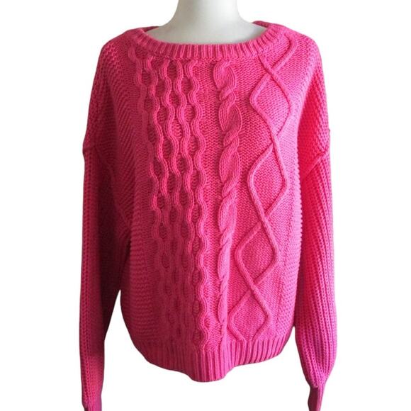 Free People Fuchsia Cozy Cable Knit Sweater S Chunky Cotton Blend Boho Knitwear - Picture 17 of 17